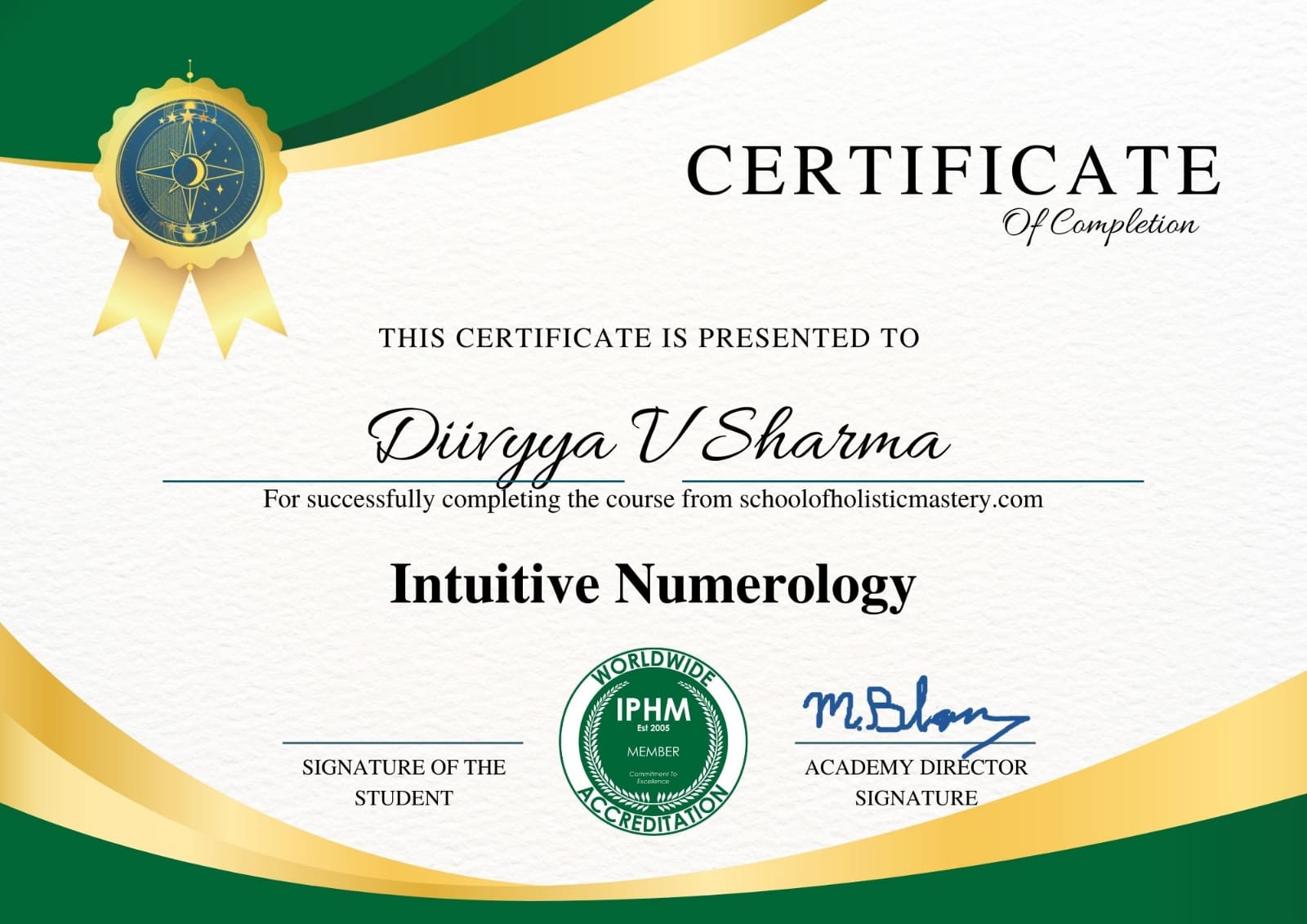 Intuitive Numerology Course Certificate - Diivyya V Sharma
